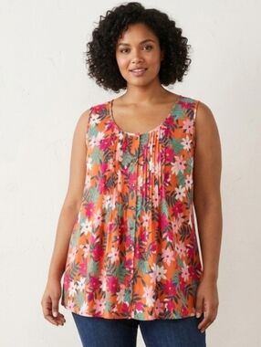 Woman Within Orange Tropical Floral Sleeveless Cotton Tunic Sz 26/28